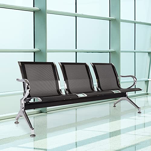Buenotoys 3-Seat Waiting Room Bench with Arms, Black Mesh Back - Reception/Lobby Chairs