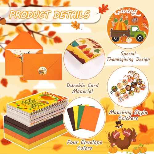 120 Pack Thanksgiving Cards with Envelopes & Stickers Thanksgiving Greeting Cards Bulk 30 Designs Fall Cards Blank Inside Harvest Cards for Happy Harvest Party Supply, 4 x 6 Inch