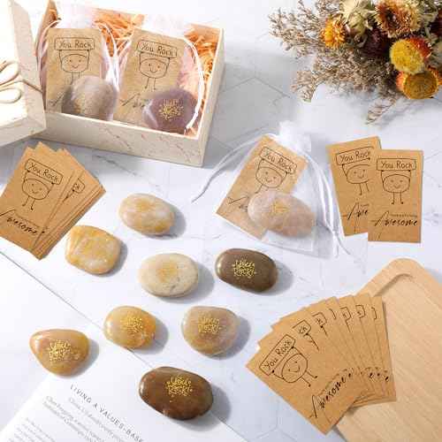Roowest 30 Sets Inspirational You Rock Gifts Employee Appreciation Gift You Rock Engraved Inspirational Rocks Gift Faith Stones Cards Notecards Organza Bag for Staff Volunteer Teacher Nurse