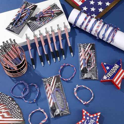 180 Pcs Veterans Day Gifts Bulk American Flag Souvenir Gifts American Flag Ballpoint Pens Rope Bracelets and Star Stripe Bookmarks Remembrance Day for Army Veterans Memorial Heroes Supplies