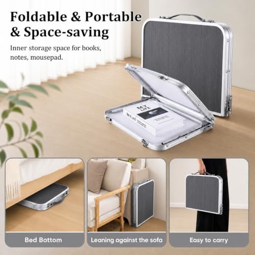 Gray Foldable Laptop Desk with Hidden Storage - Portable Bed Table