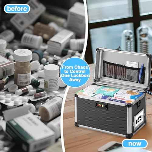 11 x 7 x 8.3 Inch Lockable Storage Box with Combination Lock, Portable Safe for Documents, Medicine, Cash & Valuables, Medicine Lock Box with Label Slot for Home, Office & Travel - Black