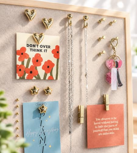 KEYDUACU Gold Push Pins Set, 150 Pcs with Storage Box - Heart, Star, Hook, Clip, Round & More