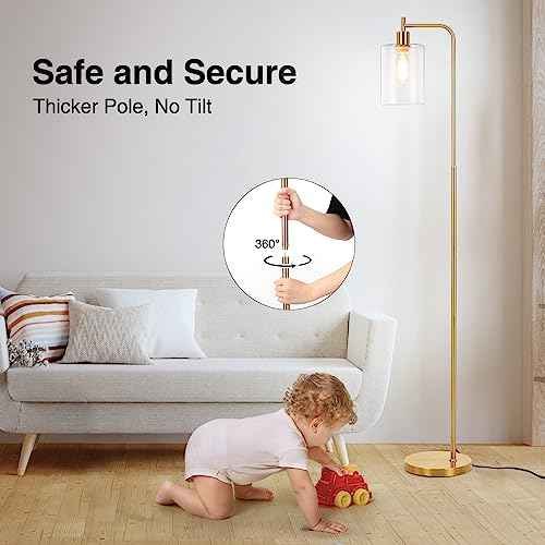 Litake Industrial Floor Lamp- Gold, Dimmable Modern Standing Lamp with Clear Glass Shade, Gold Tall Lamp with Remote & Foot Control, LED Bright Corner Lamp with 6W Bulb for Living Room Bedroom Office