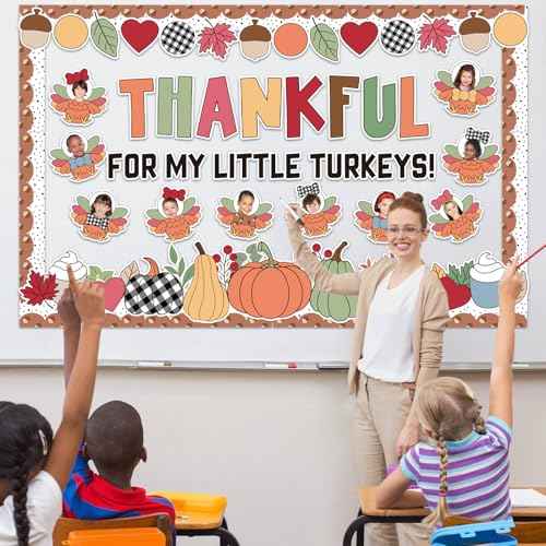 Thanksgiving Turkey Bulletin Board Set Fall Photo DIY Turkey Classroom Decorations Thankful for Our Little Turkeys Cutouts Autumn Leaves Pumpkin Borders for Door School Home Thanksgiving Wall Decor