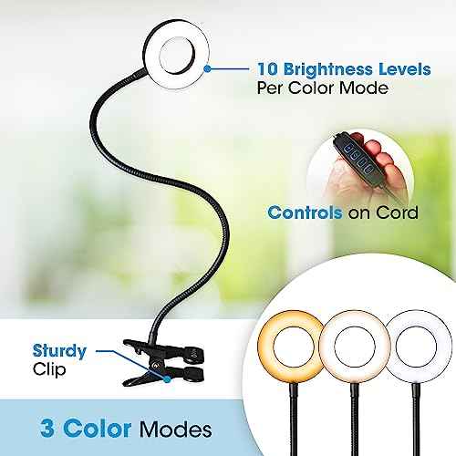 OttLite Capture Clip-On LED Desk Lamp and Ring Light for Desk, Use for Reading, Selfie, for Computer, ClearSun LED Technology, Dimmable with 3 Color Modes