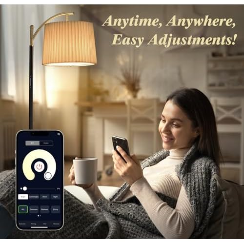 Etto Dimmable Floor Lamp with Fabric & Pleated Shades, Remote & Touch Control, Adjustable Brightness & Color Temperatures, Farmhouse Tall Standing Lamp for Living Room Bedroom Office (Black Gold)