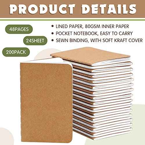 Harloon 200 Pack Pocket Notebook Softcover Mini Journals 2.5 x 4 Inches Small Notepad Mini Journal Kraft Brown Notebook Tiny Memo Notepad for Travel Diary Student Kid Office School, 24 Sheets/Pack