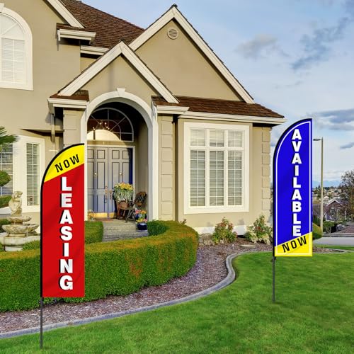 2 Pcs Now Leasing/available 10 ft Swooper Feather Flags Set Advertising Flag Banner with 5 Poles and 1 Stand Swooper Sign Poles Kit Advertising Signs for Retail Stores Business