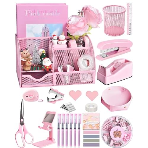 Pink Desk Accessories, 24Pcs Pink Office Supplies and Desk Organizers, with Tape Dispenser, Stapler, Staple Remover, Ect, Christmas Gifts