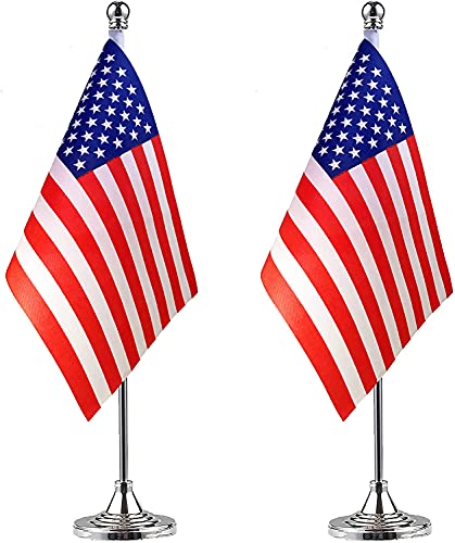 USA Flag Table Flags 2 Pack Mini Desk Flags with Stand for 4th of July & Veteran's Day