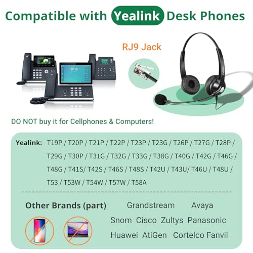 Callez Yealink Phone Headset with Quick Disconnect Cord, RJ9 Office Telephone Headset with Mic Noise Cancelling Compatible with Yealink T54W T33G T46S T42S T21P T20P Avaya 9608 9611 Grandstream Snom