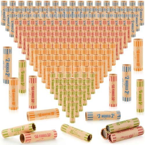 Outus 1024 Pcs Assorted Coin Wrappers Rolls Bulk Preformed Coin Wrappers Rollers Paper Rolls Wrapping Tubes Includes Quarters, Pennies, and Dimes for Bank and Office (4 Style,Colorful)