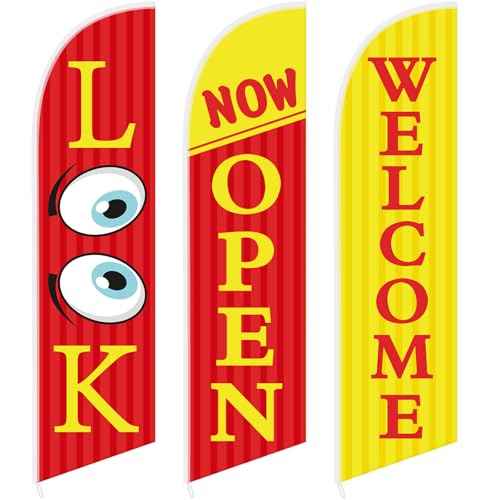 3 Pcs 12 Feet Open Themed Feather Flag for Business Advertising Outside Look Now Open Welcome Red Yellow Flag Banner for Grand Openings (Pole Hardware Not Included)