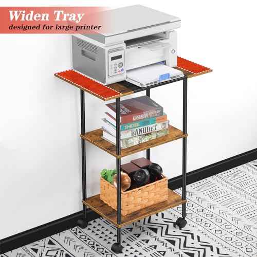 Large Printer Stand with Storage Rolling Printer Cart with Wheels 3 Tier Printer Table with Storage Shelf for Home Office Filing Scanner Fax Machine Heat Press Microwave