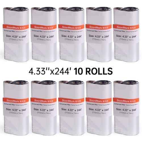 10 Rolls 4.33" x 244' (110mm x 74m) Resin Enhanced Wax Thermal Transfer Ribbon, 1/2'' Core for Zebra GC420t GK420t GX420t TLP2442 TLP2844,etc