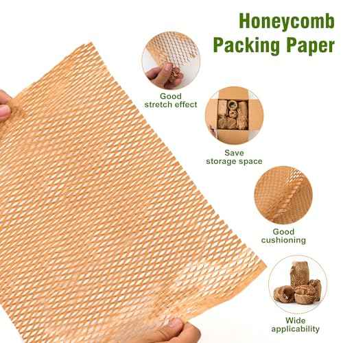 Honeycomb Packing Paper 12" Width X 200 FT for Moving Glass Dishes Recyclable Wrapping Paper Bubble Wrap Packing Material for Shipping Fragile Items Shipping Filler with 20 Fragile Stickers