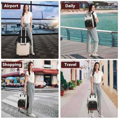 Laptop Backpack for Women College Bookbag - 17.3 Inch Fashion Travel Work Bag with USB Charger Anti-theft Business Backpacks for Nurse Teacher Beige Black Brown