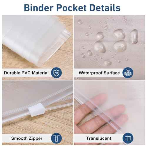 Antner 48 Pack Letter Size Binder Pockets for 3-Ring Binder Zipper Pouch Waterproof PVC Document Organizer 3-Hole Loose Leaf Folders File Sleeves Storage Bags Side Loading for Business Office Supplies