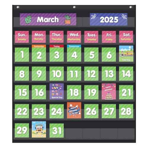 EAMAY Classroom Monthly Calendar Pocket Chart with 71 Cards for Kids Learning for Home,Homeschool Supplies and Classroom Must Haves!(Black)