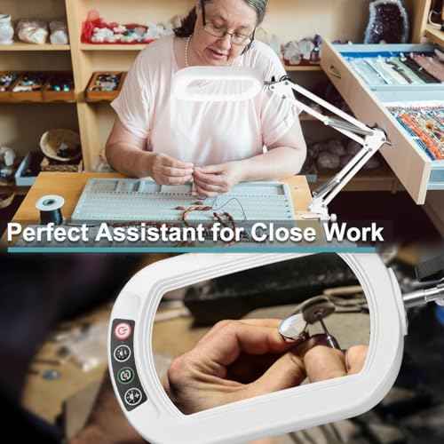 10X Rectangle Magnifying Glass with Light, 5 Color Modes Stepless Dimmable Magnifier with Stand, LED Lighted Clamp Desk Lamp with Swing Arm, Hands Free for Reading Painting Close Work - White