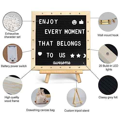 Black Felt Letter Board with Lights, Built-in LED Lights -Message Board Adjustable Stand, 340 Letters,- for Menus, Pregnancy Announcement, Weddings, Party Planning(10 * 10) (black£Â)