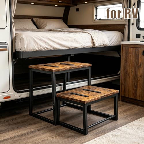 Vrisa Rustic Brown 2-Step Wood Stool with 550 Lbs Load Capacity — 3-in-1 Foldable Bedside Kitchen Stool
