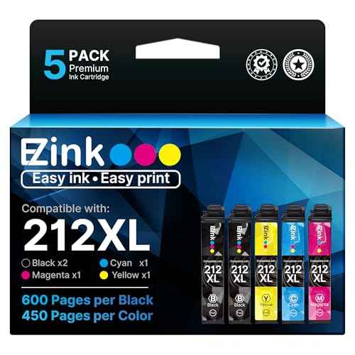 E-Z Ink Remanufactured Ink Cartridges Replacement for Epson 212 212XL T212 XL to use with XP-4100 XP-4105 WF-2830 WF-2850 Printer New Upgraded Chips (2 Black, 1 Cyan, 1 Magenta, 1 Yellow, 5 Pack)