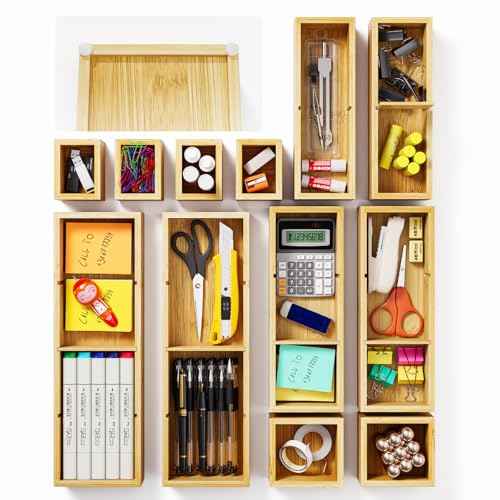 12-Piece Bamboo Desk Drawer Organizer Tray ? Adjustable Storage Boxes with 24 Adjustable Compartments for Office Drawer, Jewelry, Vanity & Desk Accessories