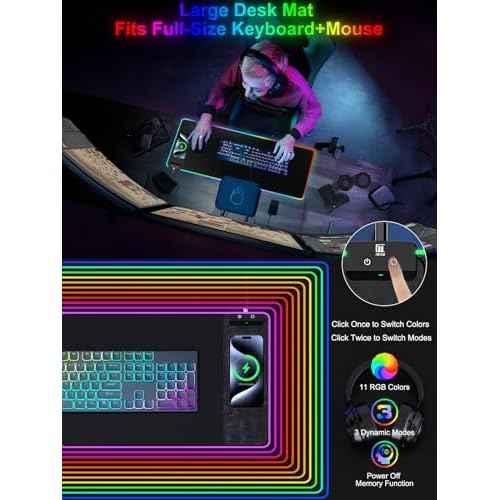 Mouse Pad with Wireless Charging, Large Desk Mat RGB Gaming Mousepad, 10 Light Colors LED Gaming Pad Keyboard Pad with Ultra-Smooth Surface & Non-Slip Rubber Base, Waterproof Full Desk Mouse Pad
