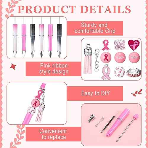 Colarr 60 Pcs Pink Ribbon Beadable Pen Breast Cancer Awareness Bulk Items Plastic Beadable Pens Breast Cancer Pens DIY Pens Making Kit DIY Beaded Pen for Students Women Girls Office School Supplies