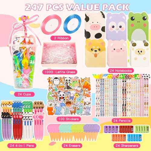 LiYiQ 247 Pcs Return Gifts for Birthday, Student Birthdays Gifts from Teacher, Stationery Set for Classroom Gifts, Pencil Erasers Notesbook Stickers for Classroom Birthday Goodie Bags Rewards Prizes
