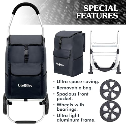 Ultra-Lightweight Black Foldable Shopping Cart for Groceries Large 42L Capacity Rubber Wheels, Removable Insulated Bag Liner, Durable Aluminum Frame, Multi-Function Personal Hand Truck