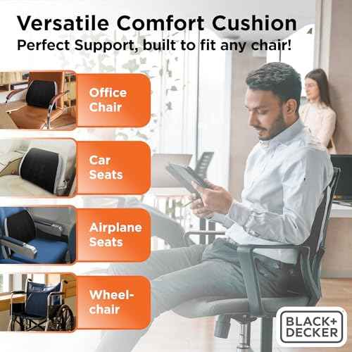 BLACK+DECKER Memory Foam Lumbar Support Pillow Lumbar Cushion with Multiple Massage Points for Office, Car, Wheelchair & Airplane Ergonomic, Pain Relief, Adjustable Strap, Washable Cover, Black/Grey