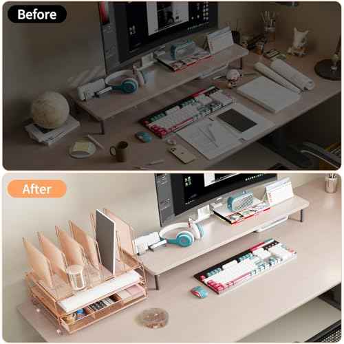Rose Gold Desk Organizer, Office Organization with Vertical File Holder, File Organizer with Drawer and Office Supplies, Desk Accessories and Workspace Organizers (Rose Gold)
