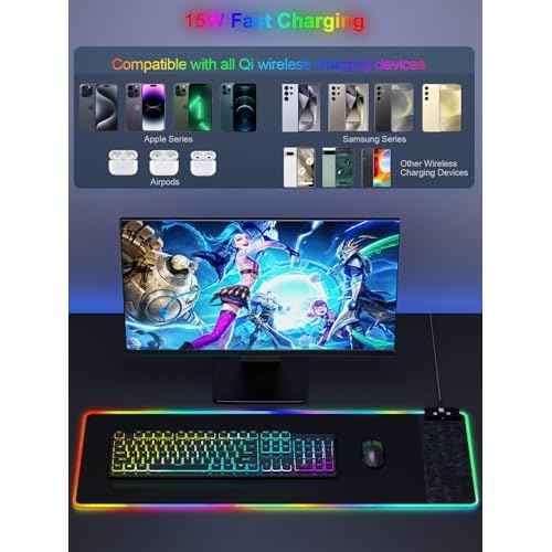 Mouse Pad with Wireless Charging, Large Desk Mat RGB Gaming Mousepad, 10 Light Colors LED Gaming Pad Keyboard Pad with Ultra-Smooth Surface & Non-Slip Rubber Base, Waterproof Full Desk Mouse Pad
