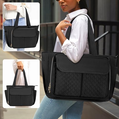 LUXJA Teacher Bag with Accordion File Area and Laptop Sleeve, Teacher Tote Bag for Women (Patent Pending), Black
