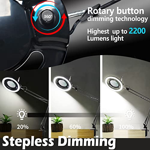 10X Magnifying Glass with Light, KIRKAS 2,200 Lumens LED Magnifying Lamp with Clamp, Stepless Dimmable Real Glass Lens Magnifier, Adjustable Arm Workbench Light for Close Work Hobby Repair - Black