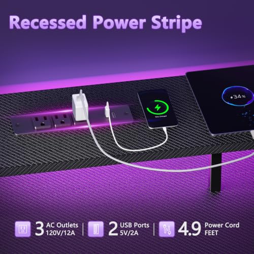 Korfile 47-Inch Reversible Gaming & Office Desk with LED Lights, Power Outlets & Storage Drawers - Carbon Fiber Black