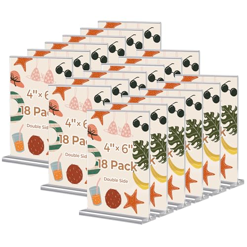 18 Pack 4x6 Acrylic Sign Holders, Clear Plastic Picture Frames 4x6 ? Double-Sided Vertical Table Number Holders Acrylic Display Stands for Restaurants Weddings Offices ? T-Shape Photo Holder for Table