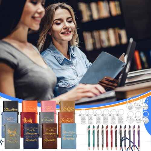 Fulmoon 36 Pcs Thank You Teacher Gift Include 12 Refillable Inspirational PU Leather Journal Notebook 12 Ballpoint Pen 12 Motivational Keychain Employee Appreciation Gift for Nurse Volunteer Coworker