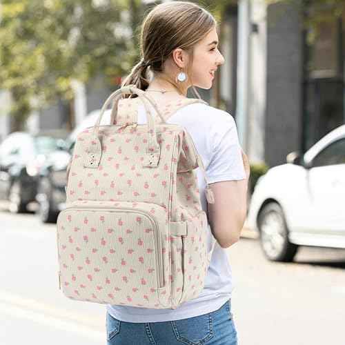 Women Corduroy College School Backpack Bookbag, 15.6 Inch Travel Laptop Backpack Casual Daypack (Flowers Pink)