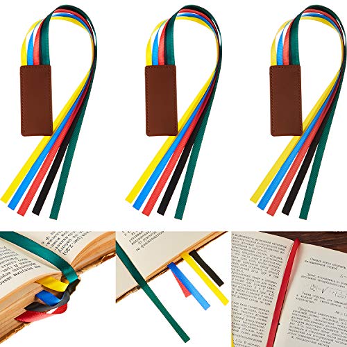 Outus Classic Leather Bookmarks with Colorful Ribbons, Set of 3, Yellow, Blue, Red, Green