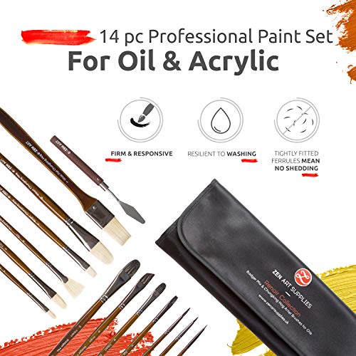 ZenART Oil & Acrylic Paint Brushes ? 14pc Professional Set of Chungking Hog, & Badger/Japanese Synthetic Bristles incl Filbert, Flat, Rigger & more ? Travel Pouch, Long Birchwood Handles, No Shedding