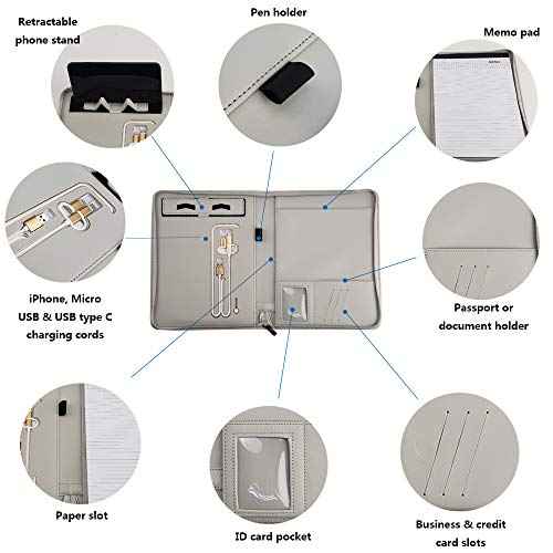Phone Charging Business & Travel Portfolio w/Built-in Power Bank- Zipper Closure & Refillable Pad- Professional Organizer Padfolio That Charges Phones/Tablets on The Go (Gray)