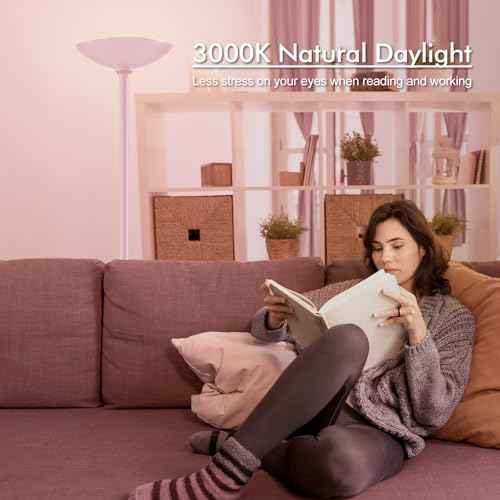 30W Pink Torchiere Floor Lamp, 3600LM Super Bright LED Pole Lamp, 71Inch Tall Stepless Dimmable Torch Lamp, 1Inch Thick Metal Tube, Rotary Switch, Modern Standing Lamp for Living Room/Bedroom/Office