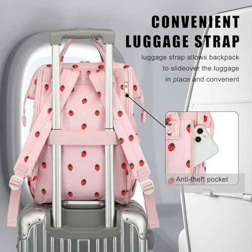 College Laptop Backpack, Travel Backpack for Women, Corduroy Casual Daypack, School Backpack Bookbag for Girls (Pink Corduroy Strawberry)