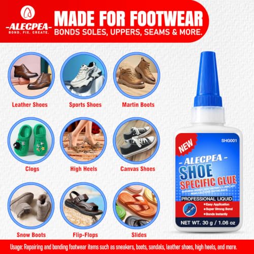 Alecpea Shoe Glue for Sole Repair 30g Clear Thin Adhesive with 3 Tips - Flexible Waterproof Shoe Repair Glue