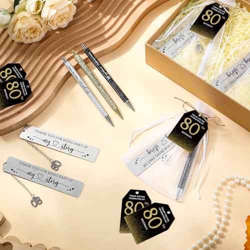 24 Set 80th Birthday Favors for Guests Anniversary Party Favor Thanks for Coming Glitter Ballpoint Pen Bookmark Thank You Card Organza Bag for Adult Appreciation Souvenir Birthday Gift(80th)