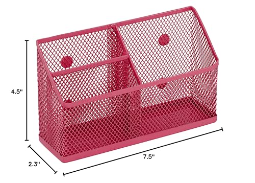 LockerMate Magnetic Pencil Holder, Locker Organizer with 3 Mesh Storage Compartments, Pink
